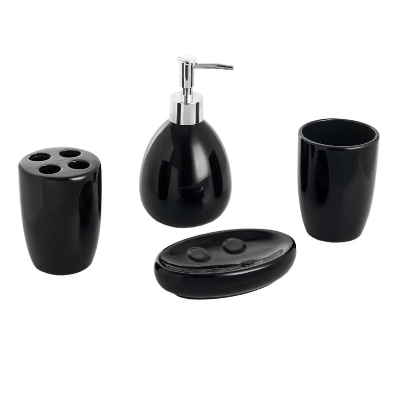 Home Basics 4-Piece Ceramic Bathroom Set (Black), By Home Basics | Contemporary Design Bathroom Accessory Sets | Accessories For Bathroom | Includes Soap Dish, Tumbler, Toothbrush Holder, and Lotion Dispenser - Image 2